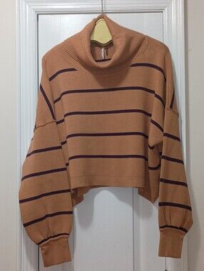 Free People Paulie Cropped Turtleneck Sweater in Rust with Navy Stripes Medium